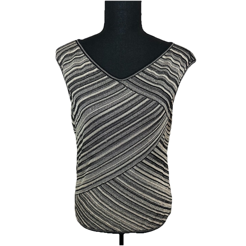Escada RARE Women Pit to Pit 18" Metallic Black Gold Stripes Cap Sleeve Top Y2K